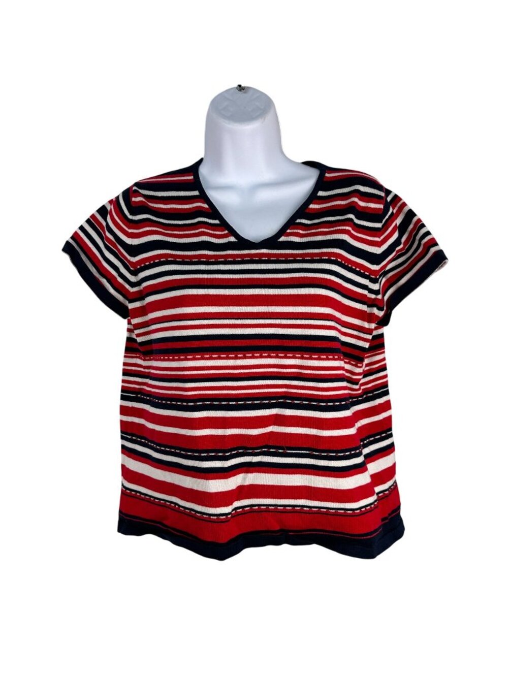 White Stag Ladies M Striped Short Sleeve Knit Top Red White Blue Stretchy V-Neck